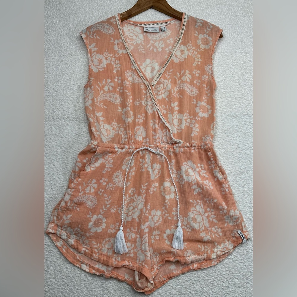 rhythm Women’s Sleeveless Romper Size Medium Orange Floral + Pockets 100% Cotton